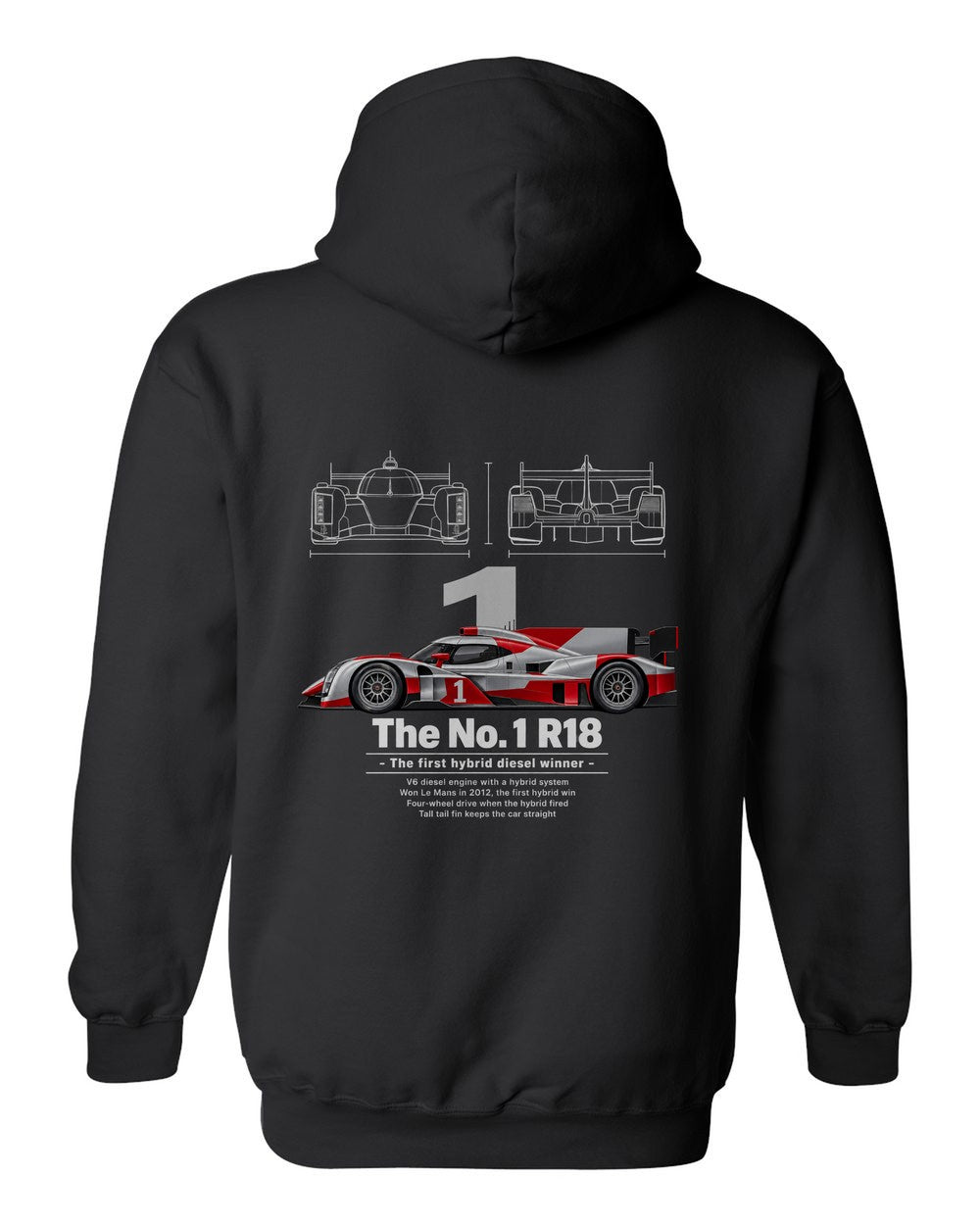 No. 1 R18 black pull over hoodie back view with the design