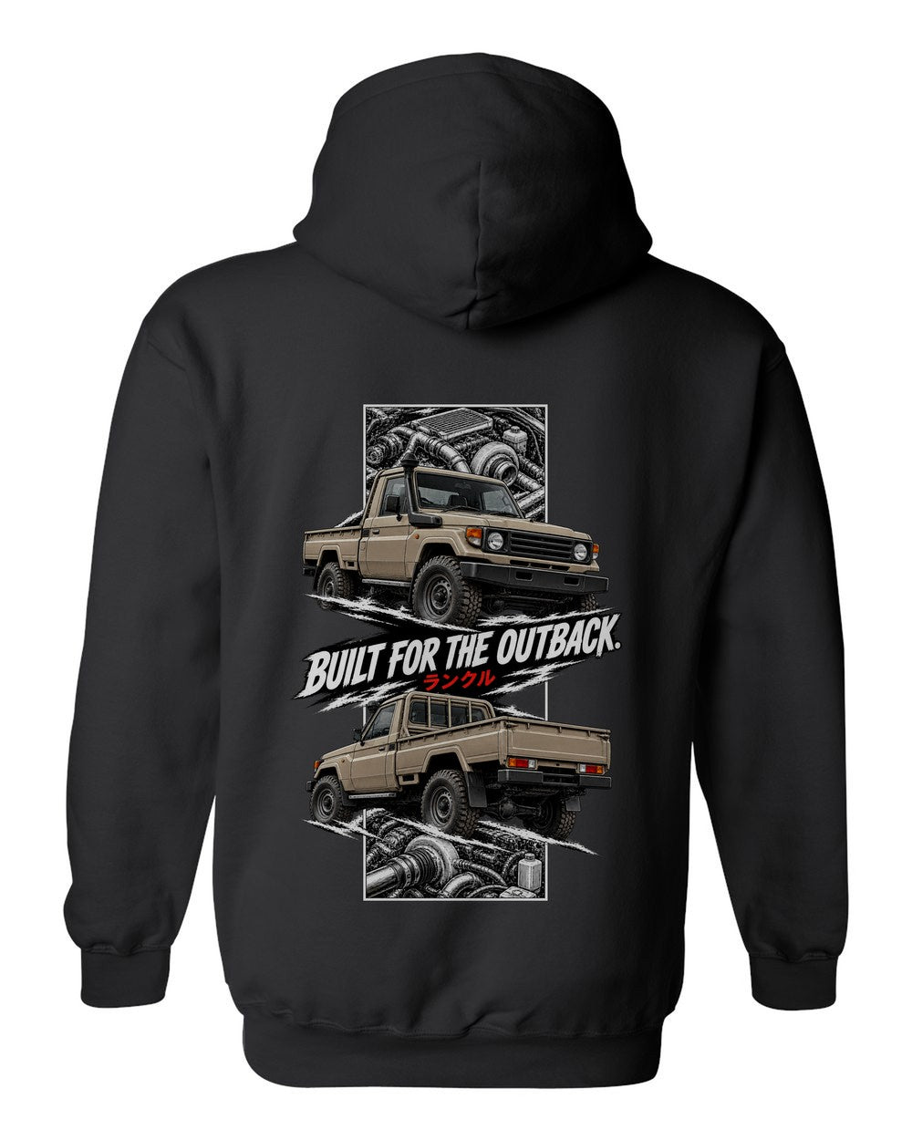 Toyota Land Cruiser 70 torn poster black pull over hoodie back view with the design