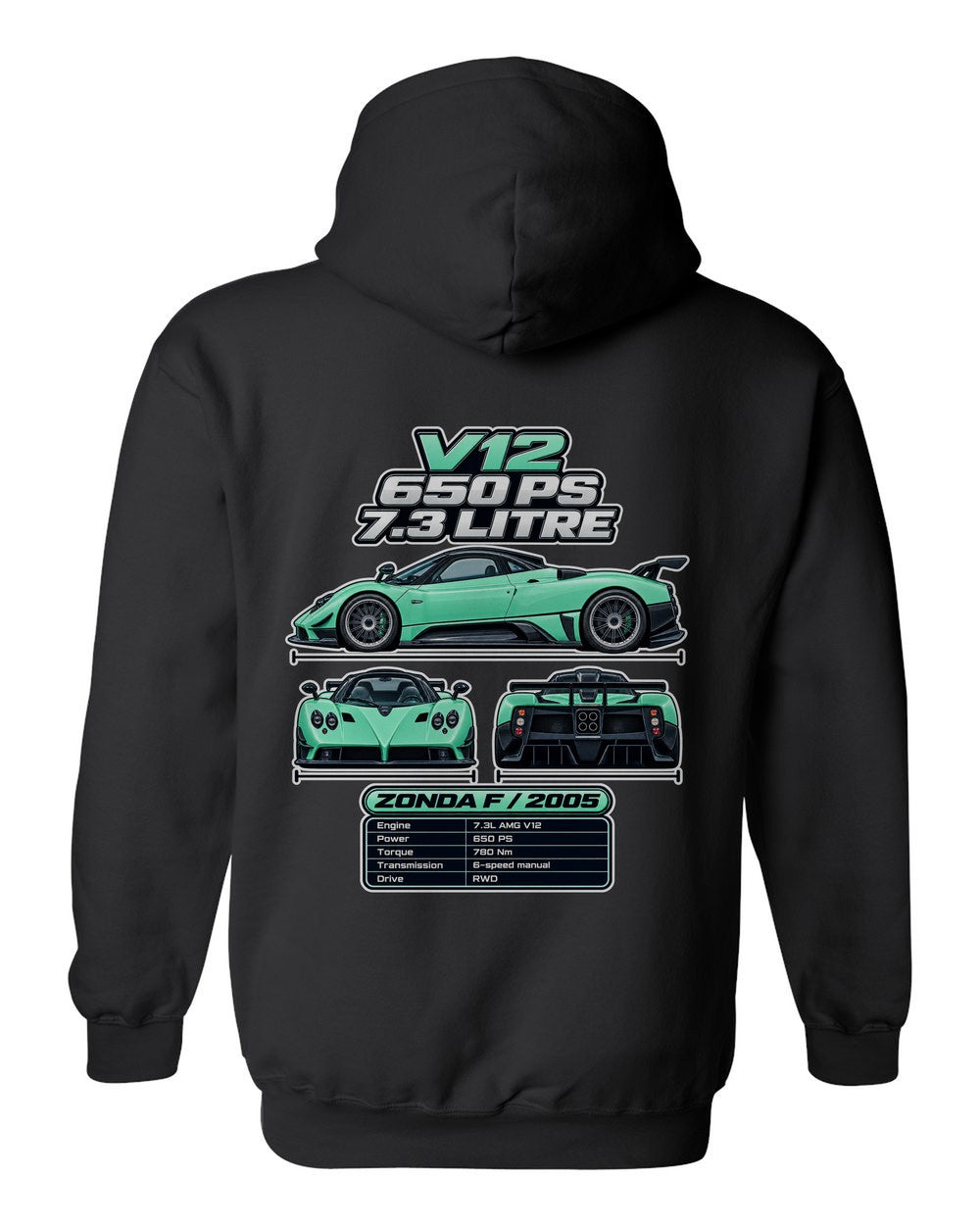 Pagani Zonda F spec sheet black pull over hoodie back view with the design