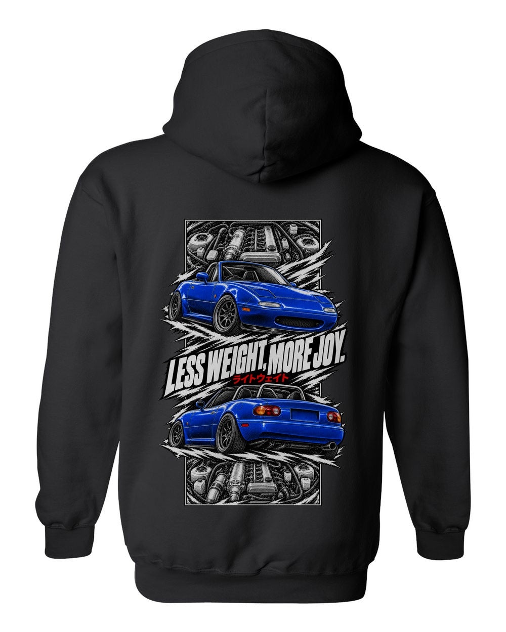 Mazda MX-5 Miata Na torn poster black pull over hoodie back view with the design