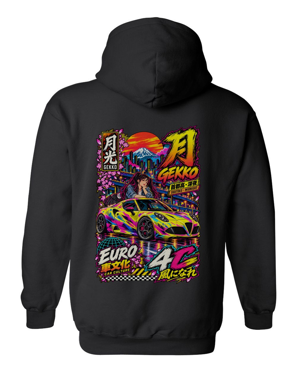 GEKKO 4C full-back artwork black pull over hoodie back view with the design