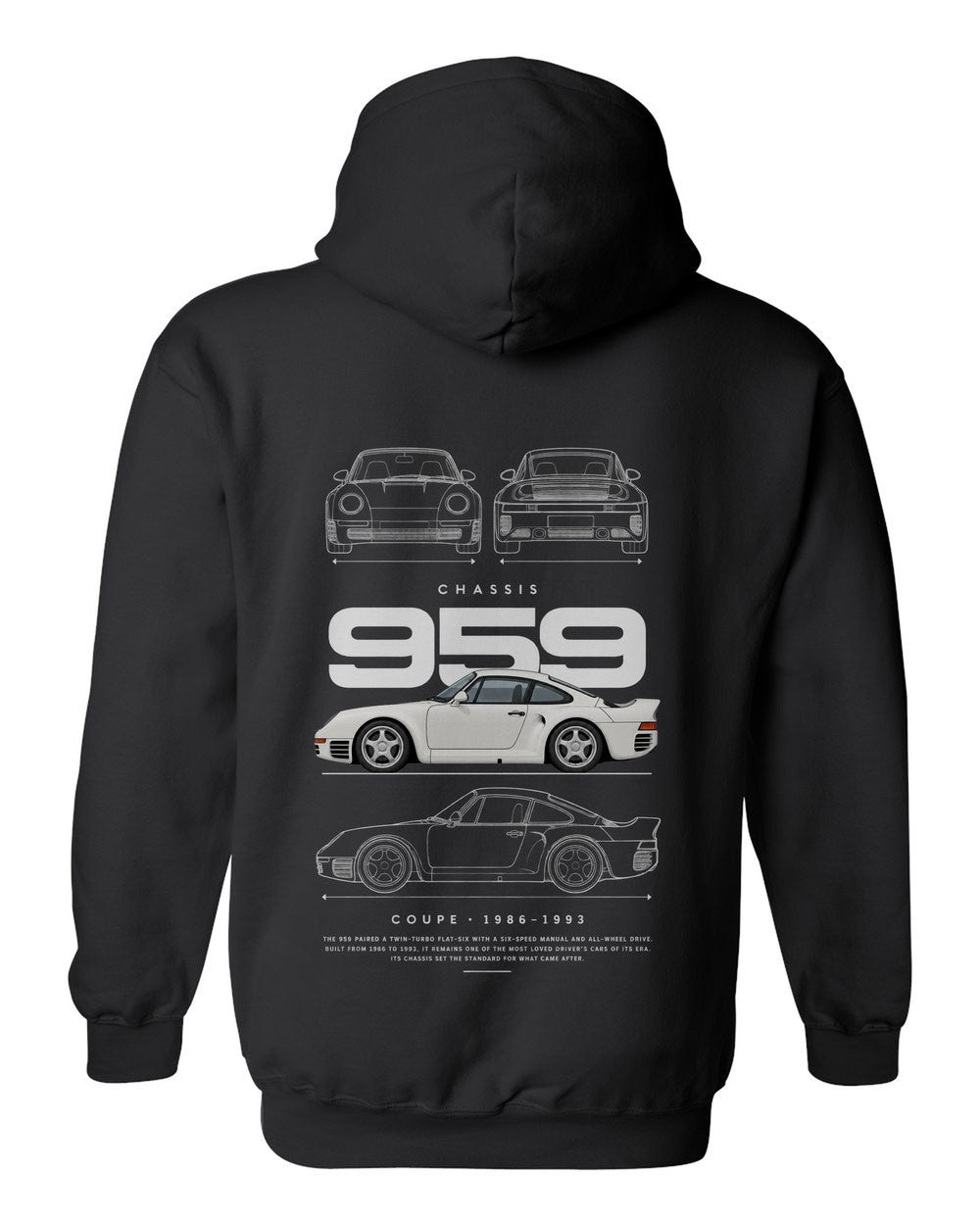959 full-back artwork black pull over hoodie back view with the design