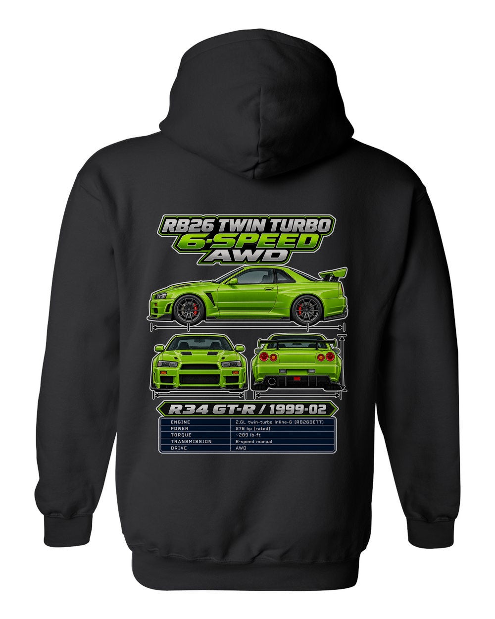 Nissan Skyline Gt R R34 spec sheet black pull over hoodie back view with the design