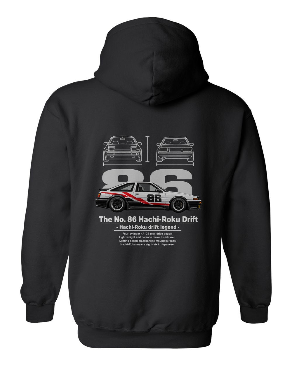 No. 86 Hachi-Roku Drift black pull over hoodie back view with the design