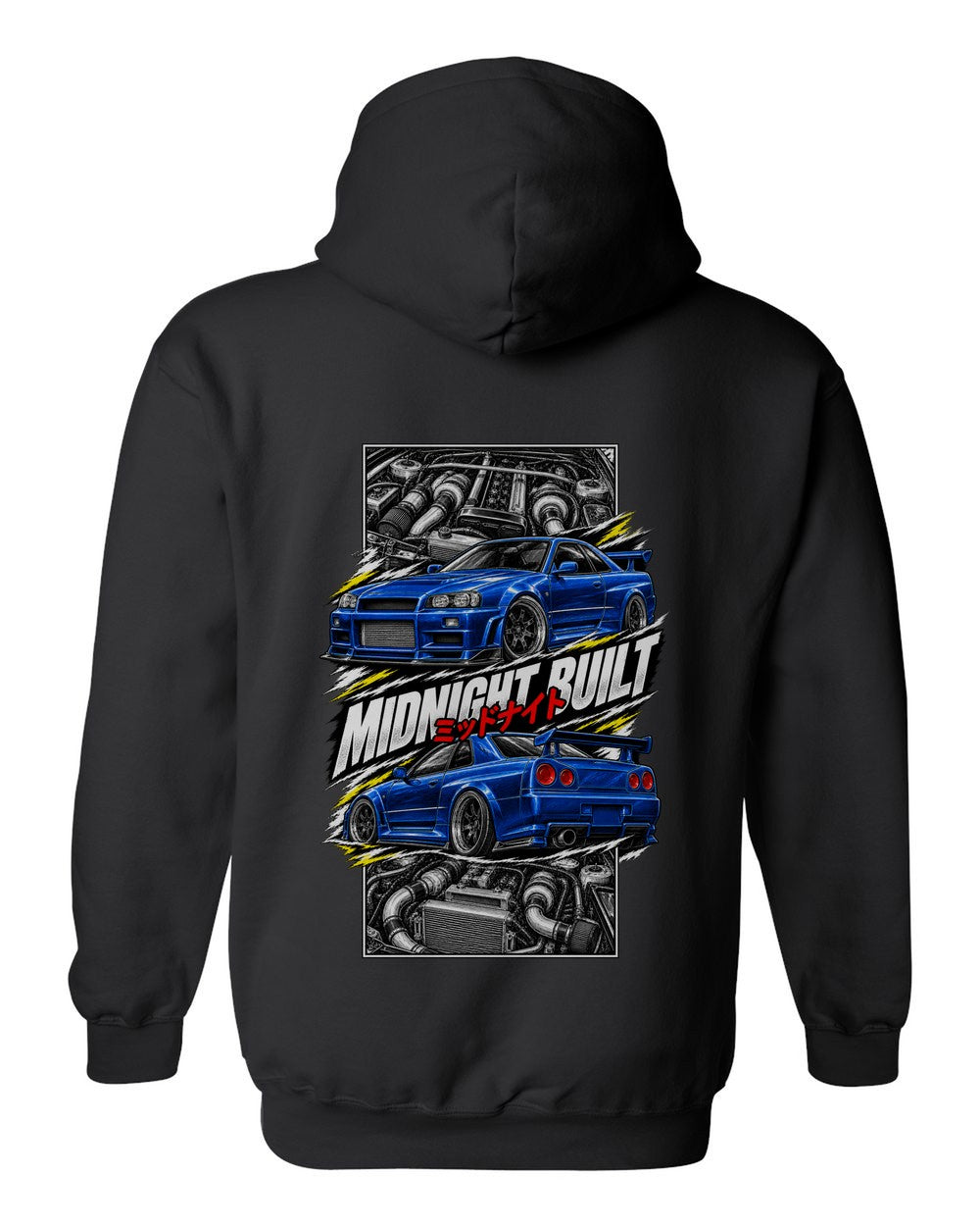 Nissan Skyline GT-R R34 torn poster black pull over hoodie back view with the design