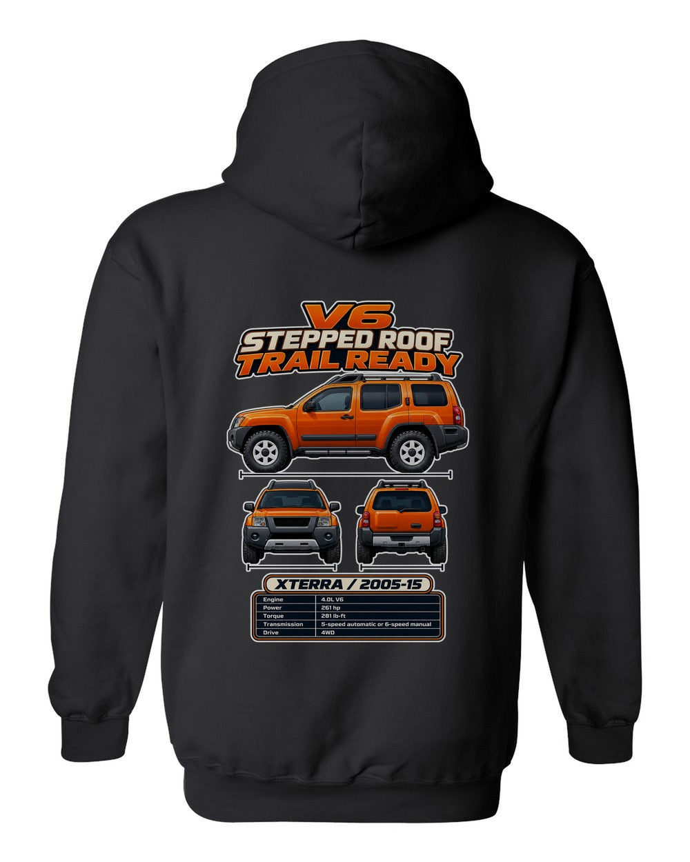 Nissan Xterra Pro4X spec sheet black pull over hoodie back view with the design