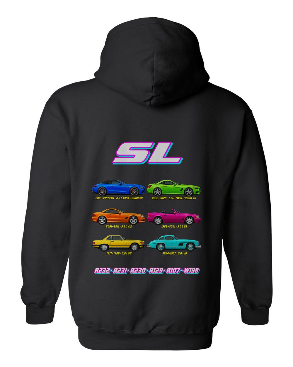 Mercedes SL evolution poster black pull over hoodie back view with the design