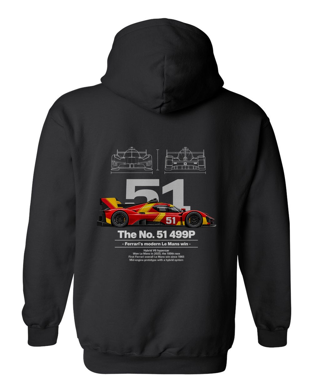 No. 51 499P black pull over hoodie back view with the design