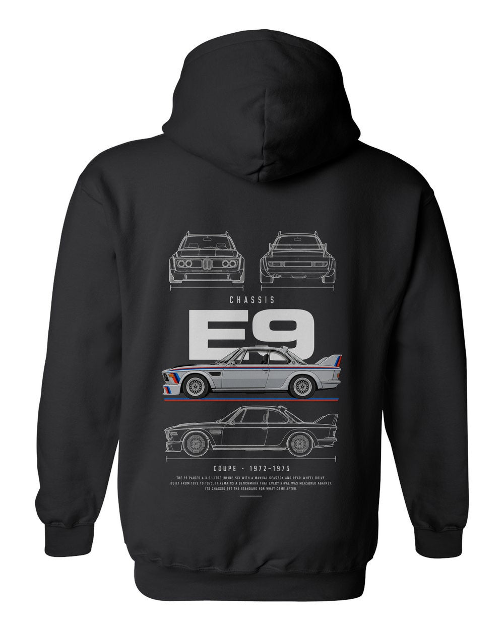 E9 full-back artwork black pull over hoodie back view with the design