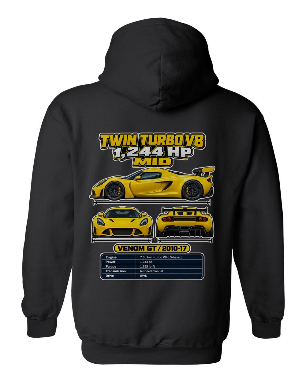 Hennessey Venom Gt spec sheet black pull over hoodie back view with the design