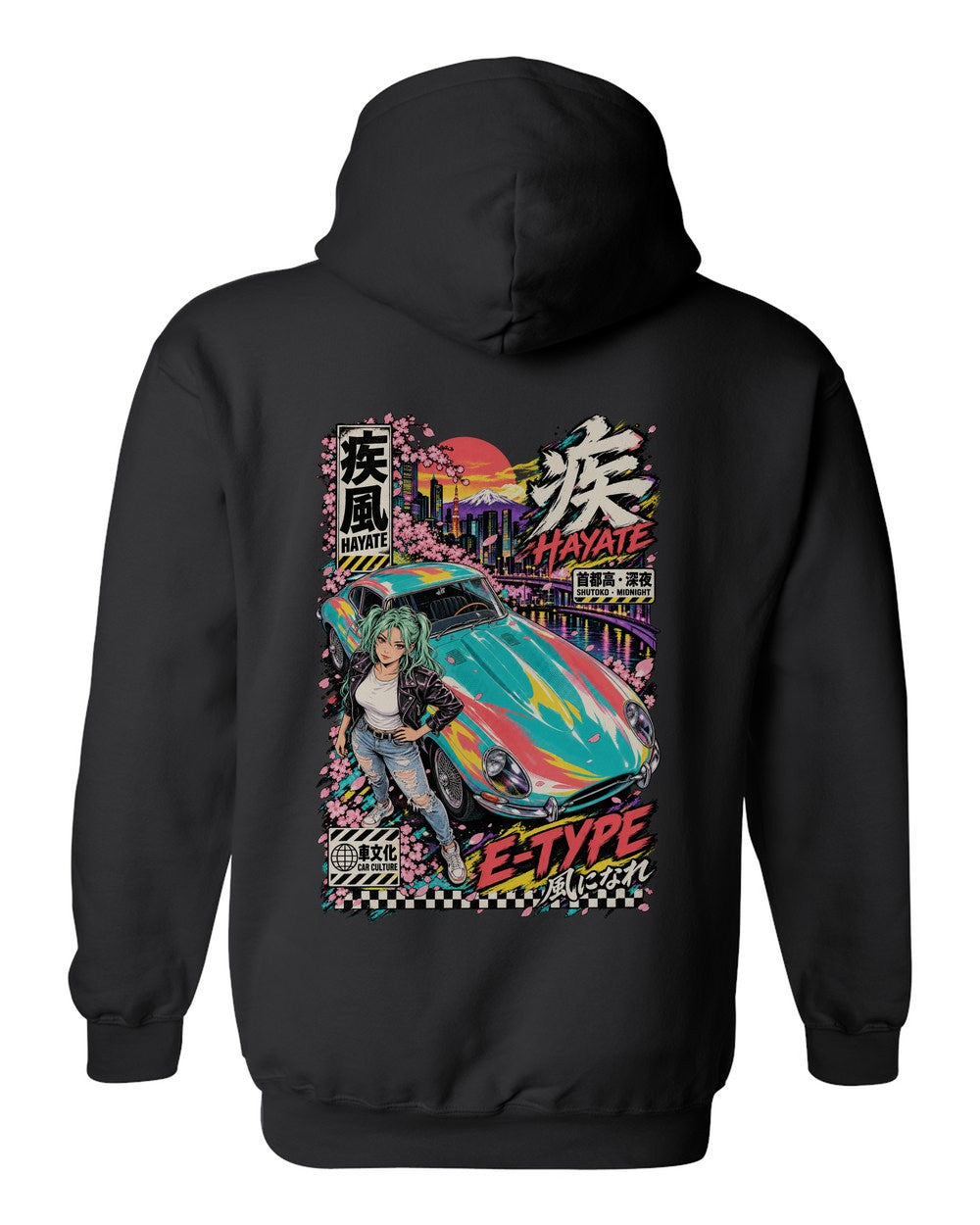 HAYATE E-TYPE full-back artwork black pull over hoodie back view with the design