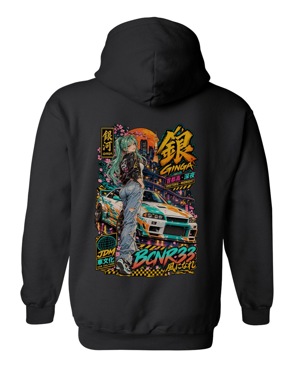 GINGA BCNR33 full-back artwork black pull over hoodie back view with the design