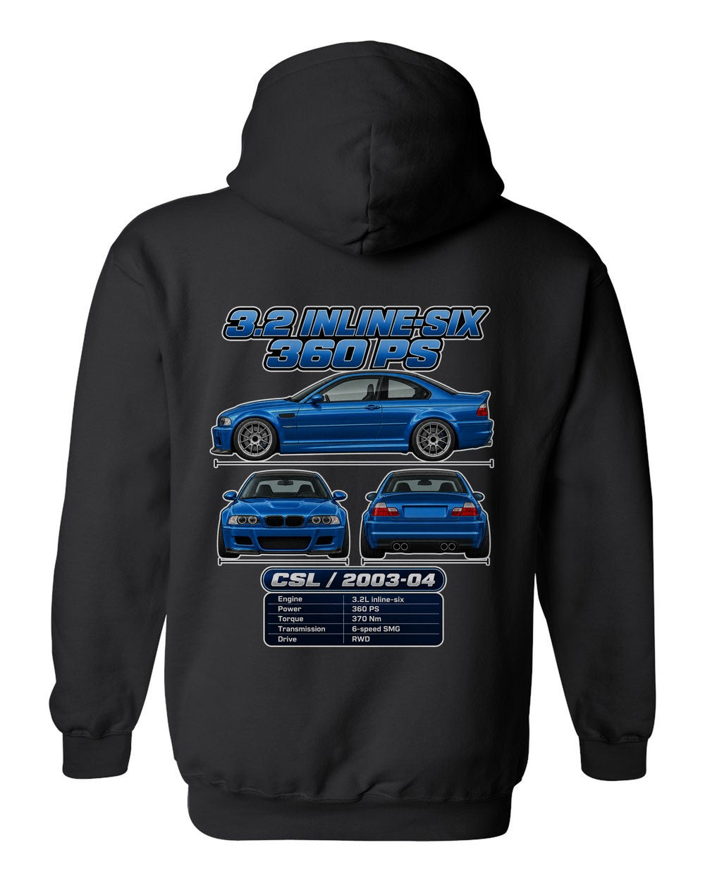 BMW M3 Csl E46 spec sheet black pull over hoodie back view with the design