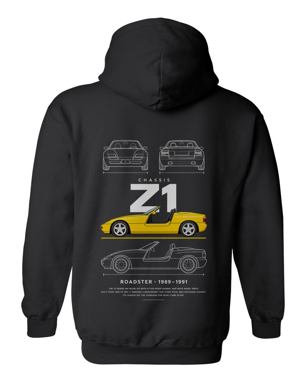Z1 full-back artwork black pull over hoodie back view with the design
