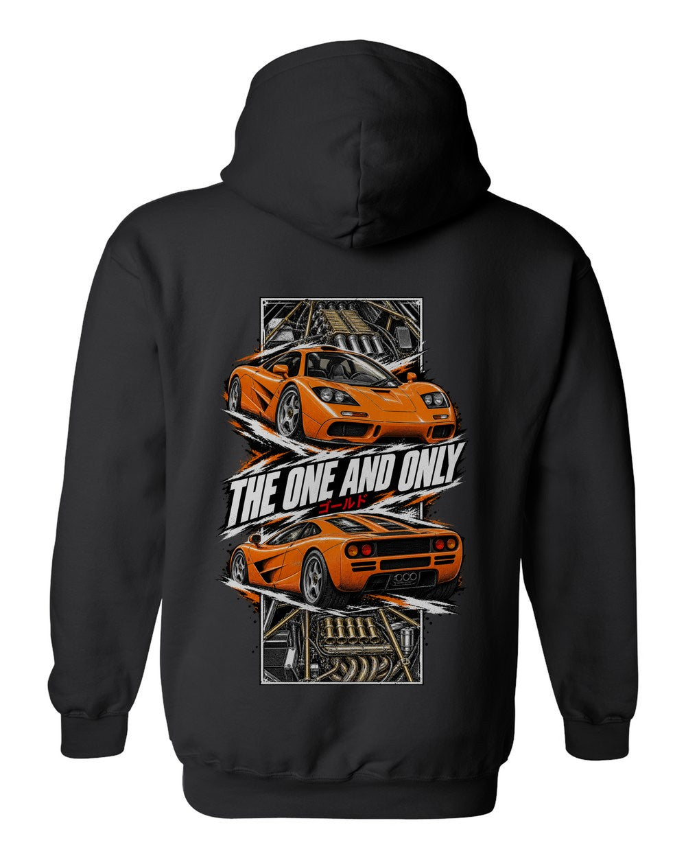 Mclaren F1 torn poster black pull over hoodie back view with the design