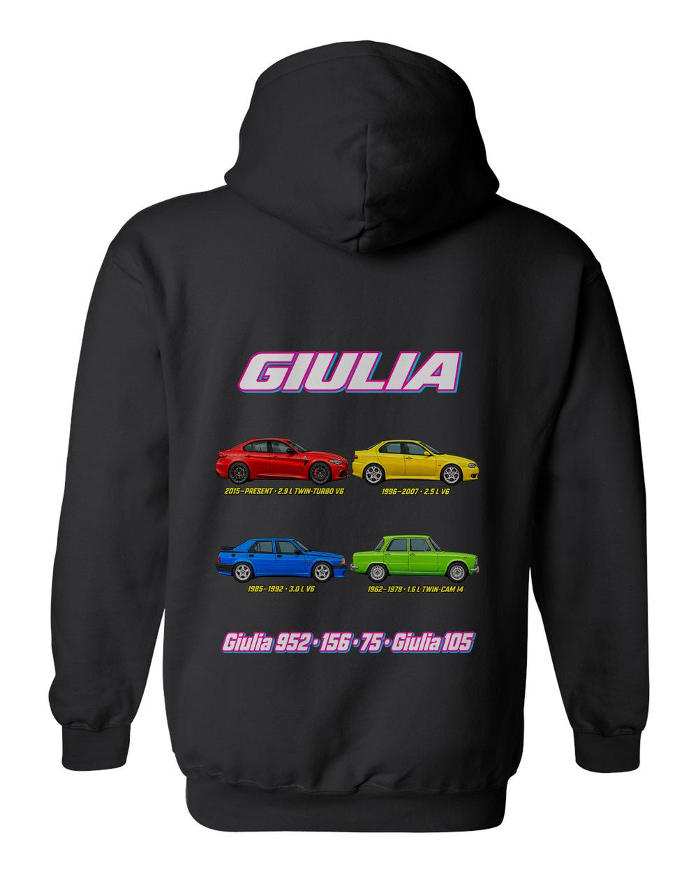 Alfa Giulia evolution poster black pull over hoodie back view with the design