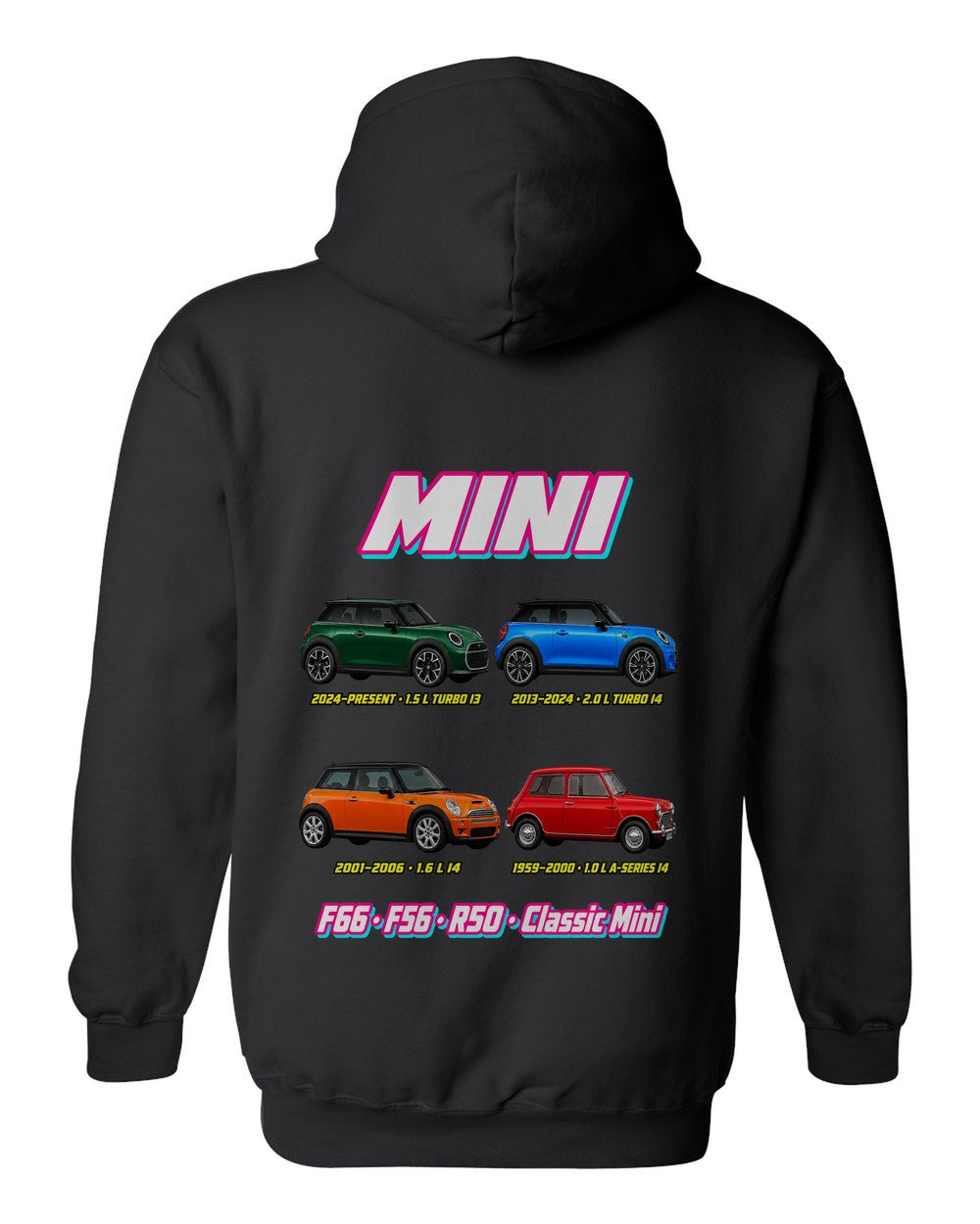 Mini Cooper evolution poster black pull over hoodie back view with the design