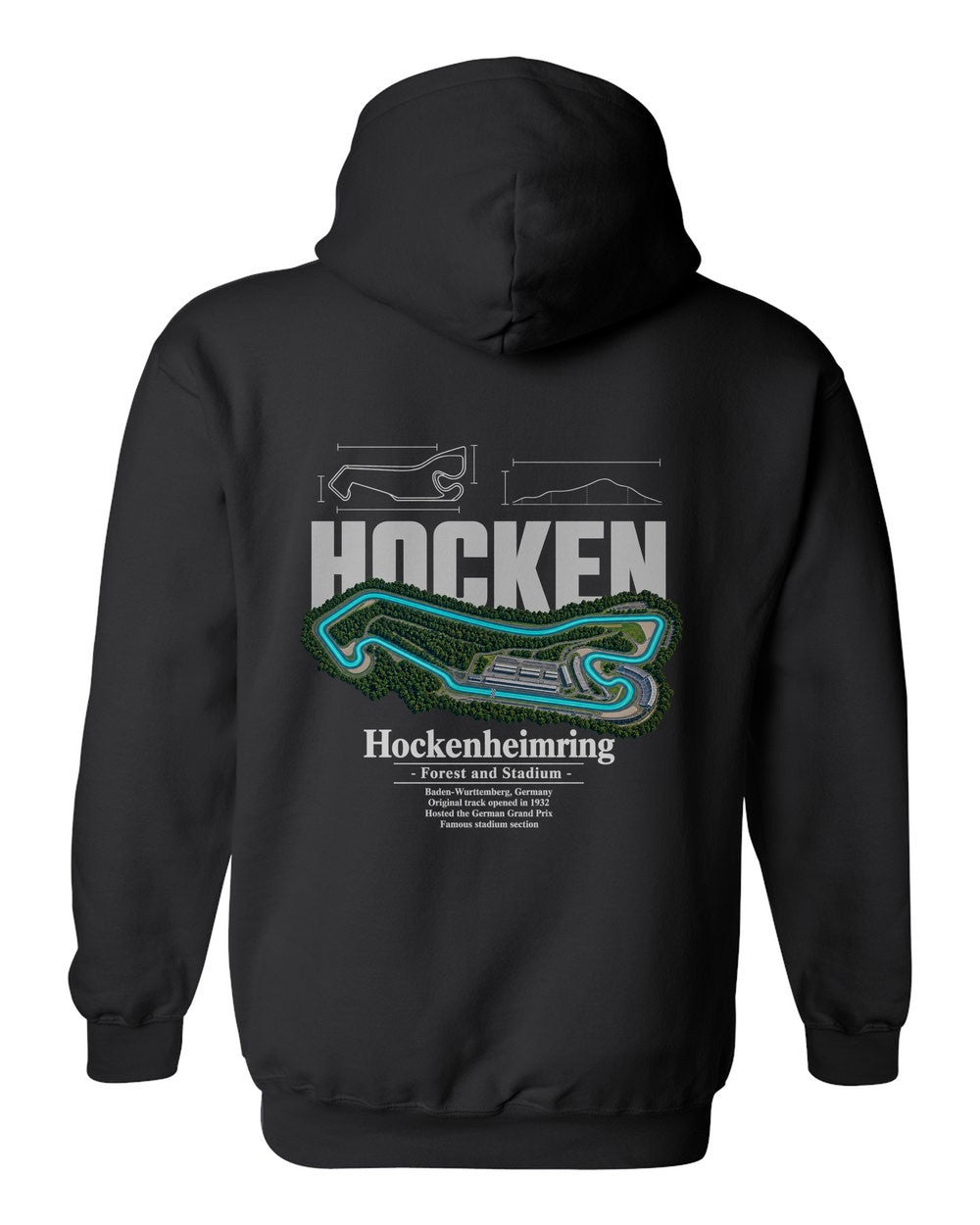 Hockenheimring black pull over hoodie back view with the design