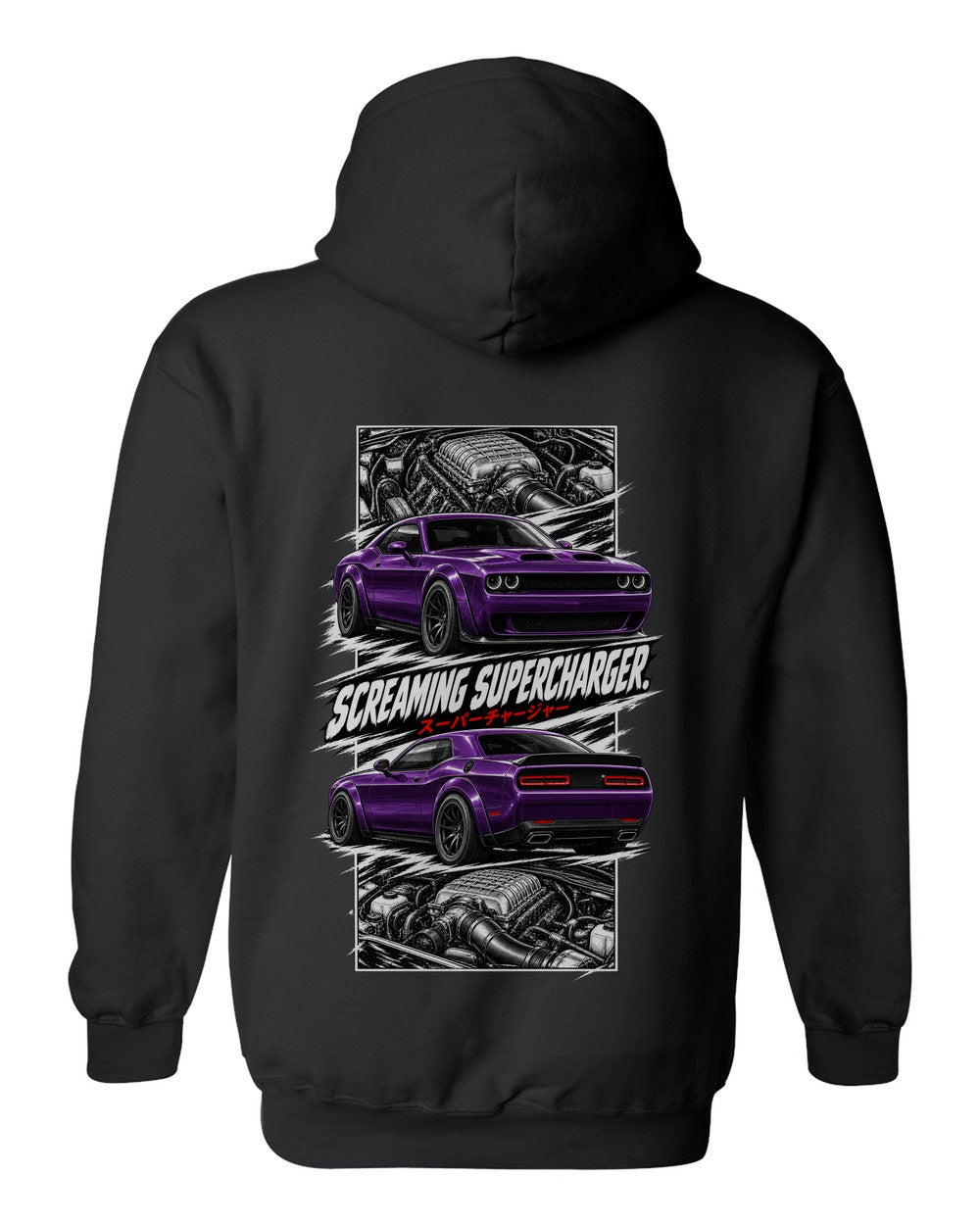 Dodge Hellcat torn poster black pull over hoodie back view with the design
