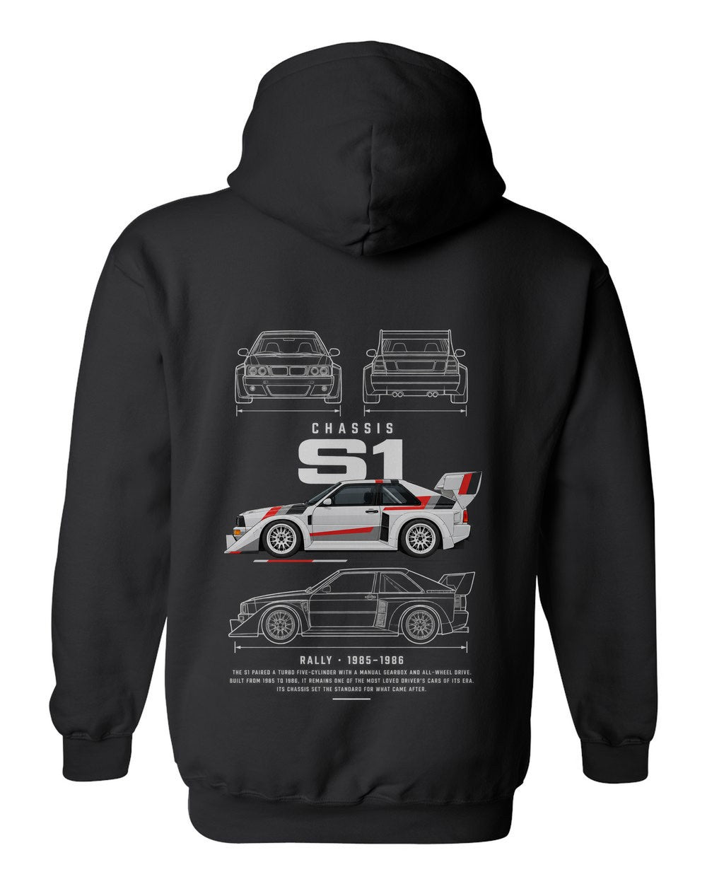 S1 full-back artwork black pull over hoodie back view with the design