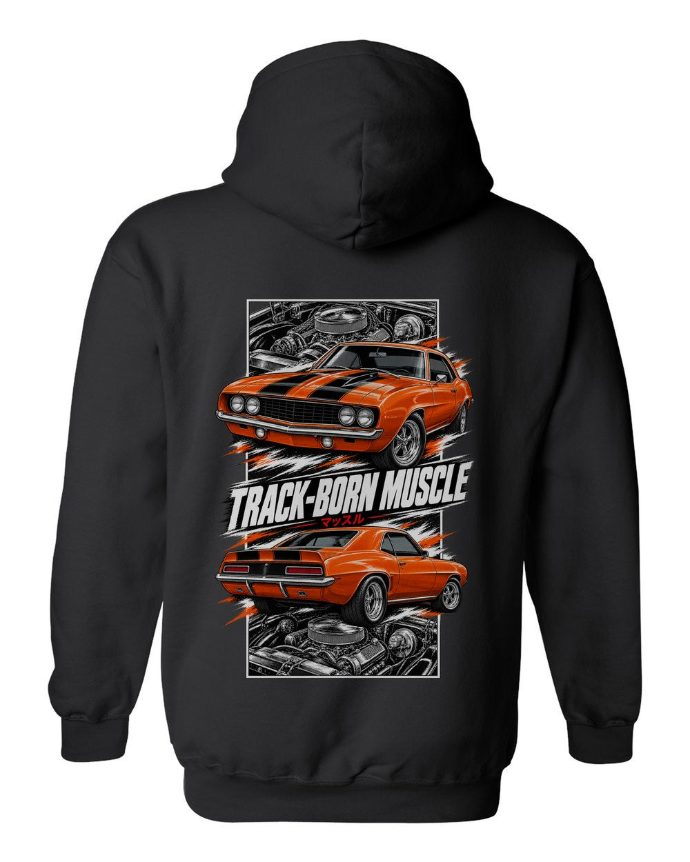 Chevy Camaro Z/28 torn poster black pull over hoodie back view with the design