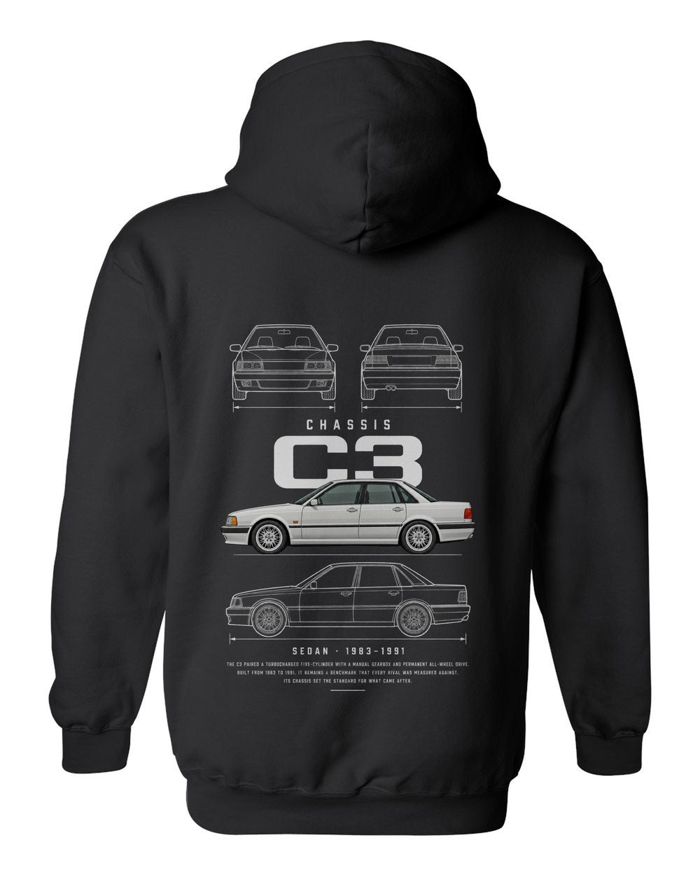 C3 full-back artwork black pull over hoodie back view with the design