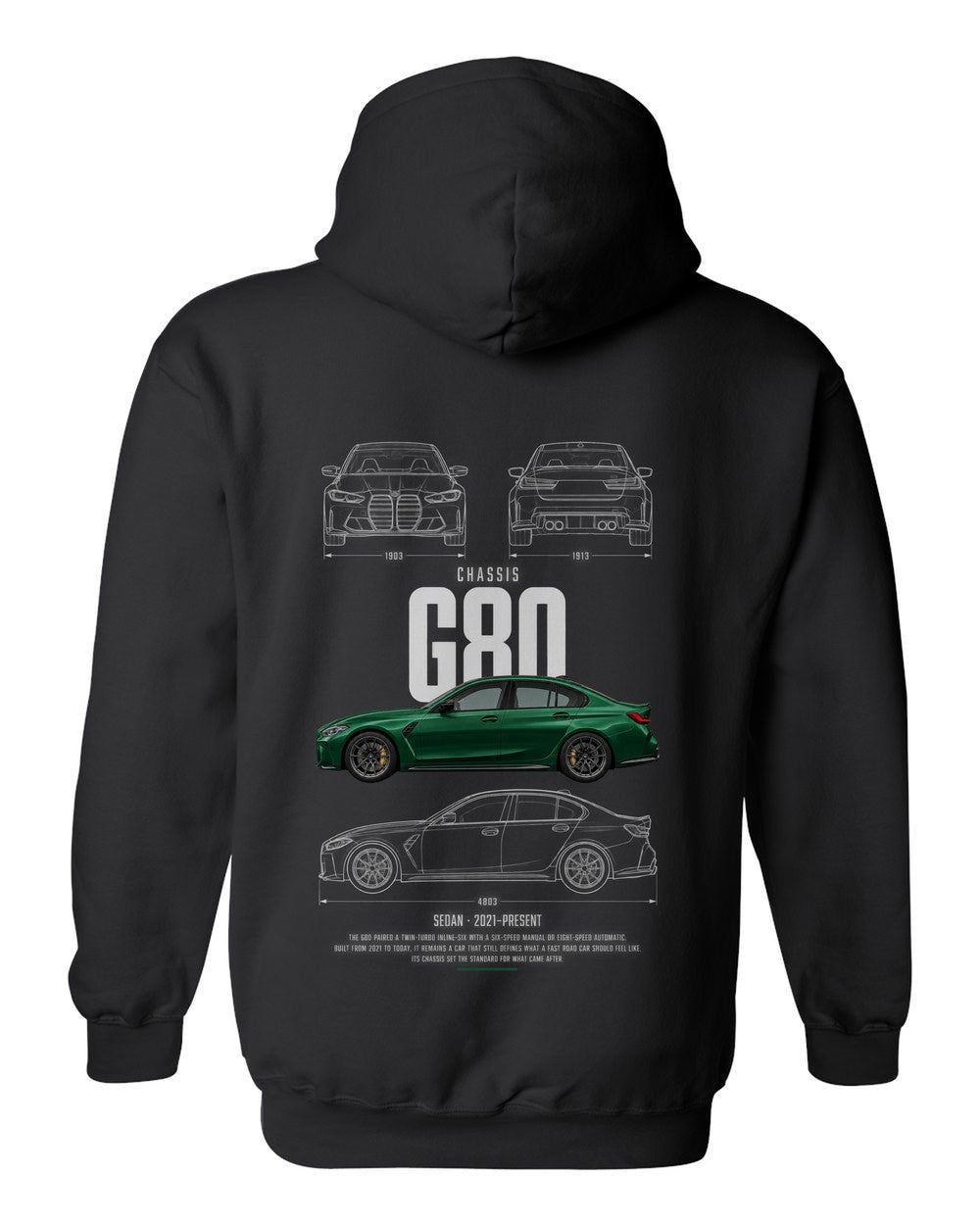 G80 full-back artwork black pull over hoodie back view with the design