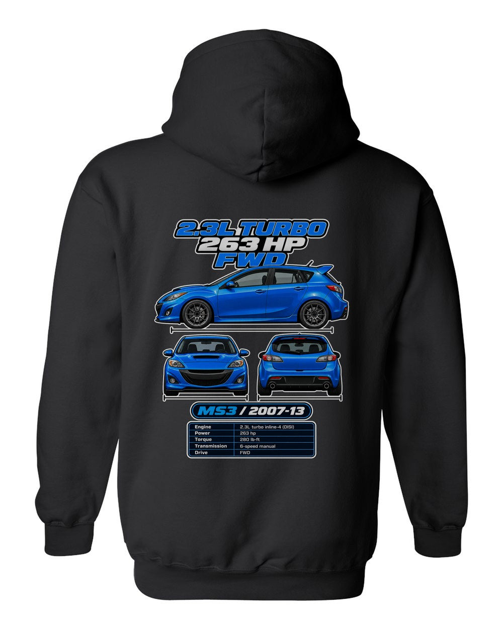 Mazda Mazdaspeed3 spec sheet black pull over hoodie back view with the design