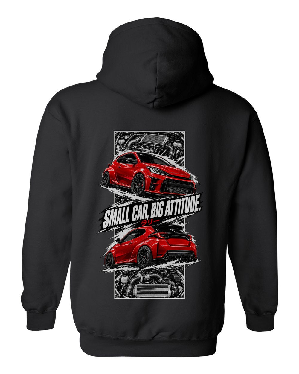 Toyota GR Yaris torn poster black pull over hoodie back view with the design