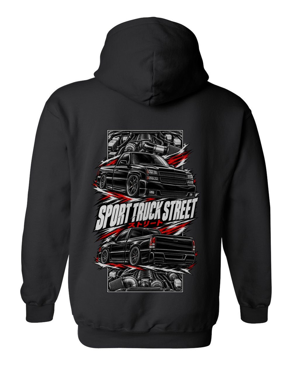 Chevy Silverado SS torn poster black pull over hoodie back view with the design