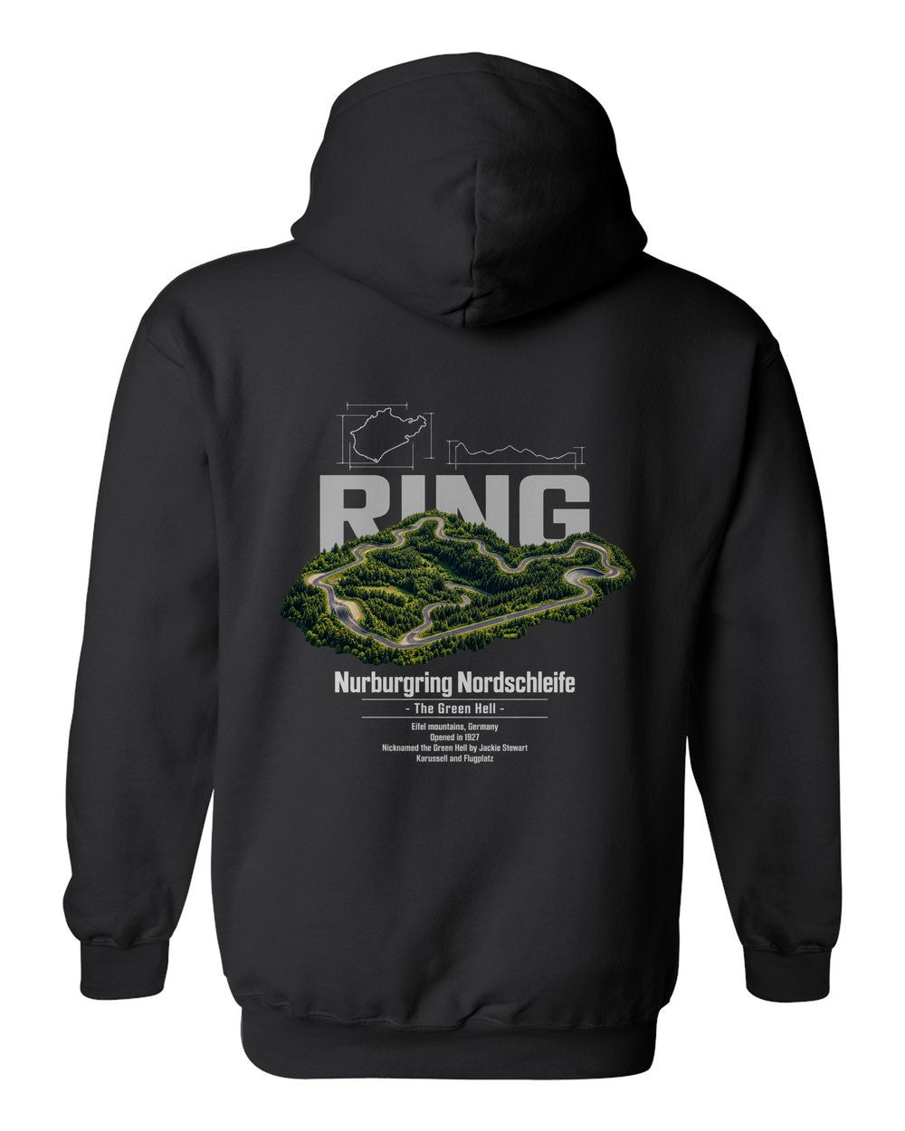 Nurburgring Nordschleife black pull over hoodie back view with the design