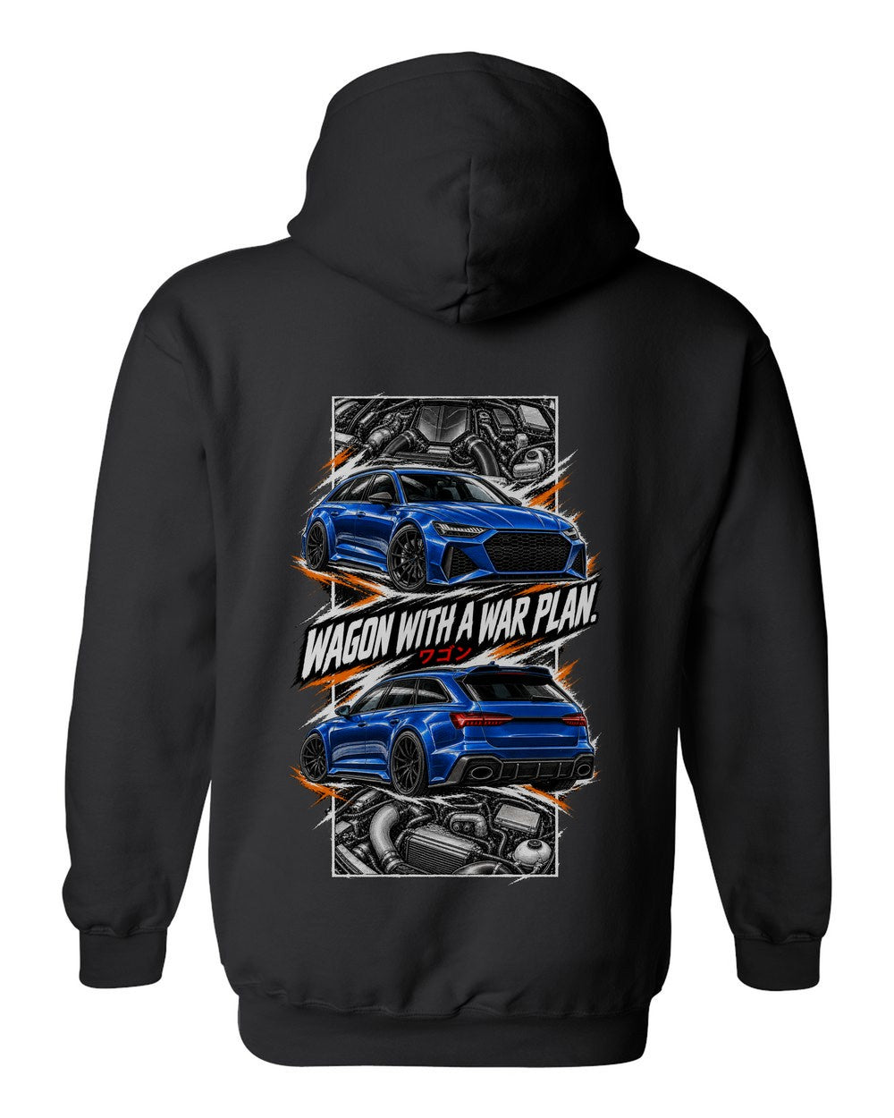 Audi Rs6 torn poster black pull over hoodie back view with the design