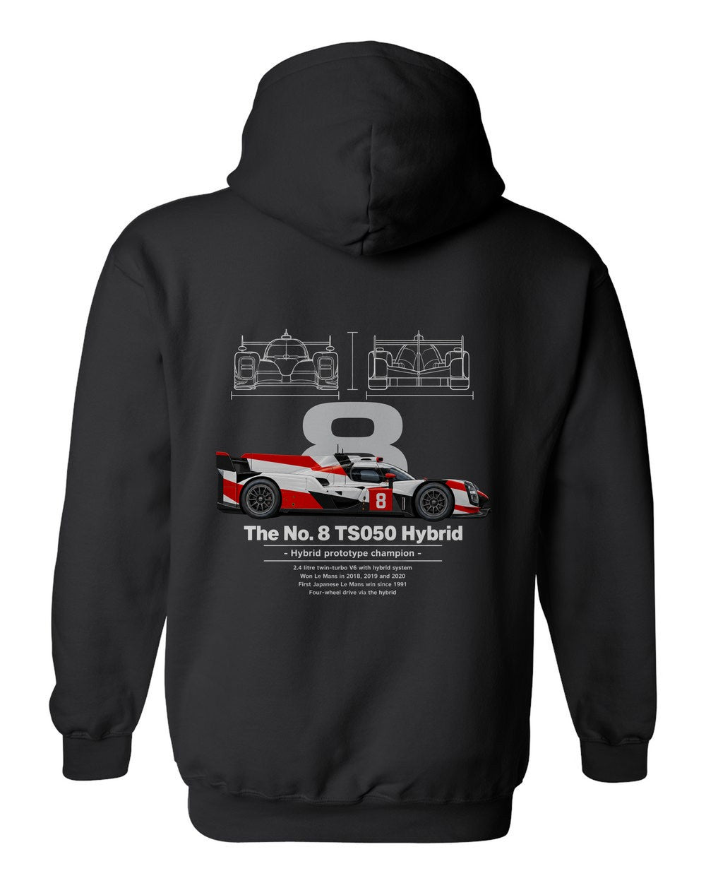 No. 8 TS050 Hybrid black pull over hoodie back view with the design