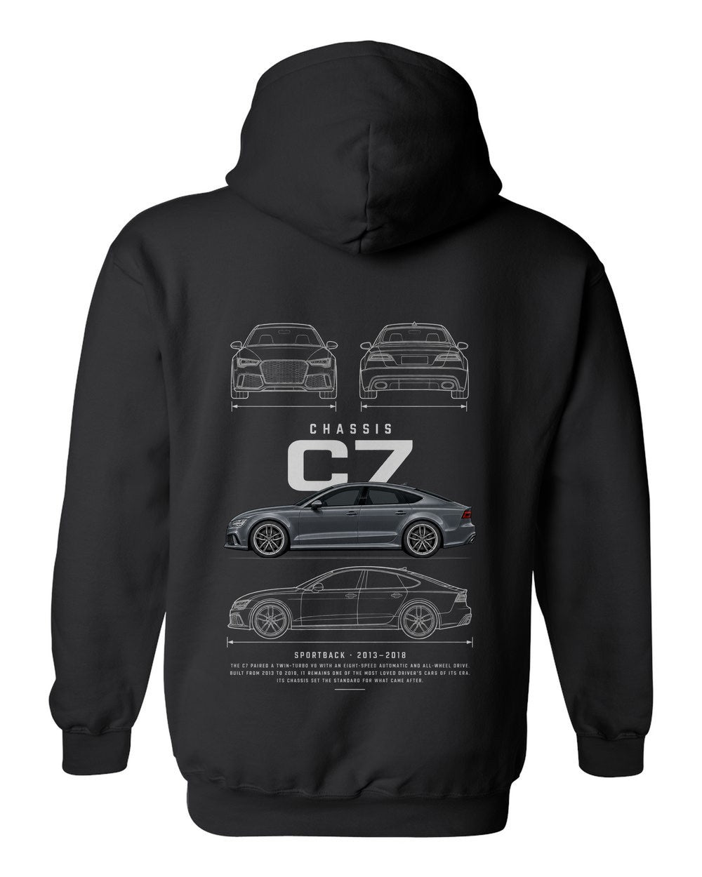 C7 full-back artwork black pull over hoodie back view with the design
