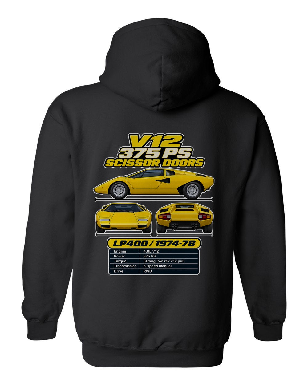 Lamborghini Countach Lp400 spec sheet black pull over hoodie back view with the design