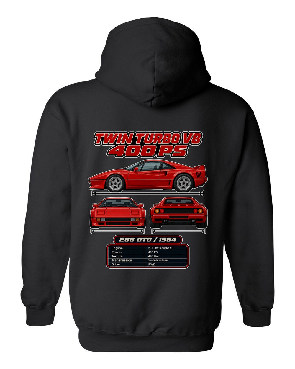 Ferrari 288 Gto spec sheet black pull over hoodie back view with the design