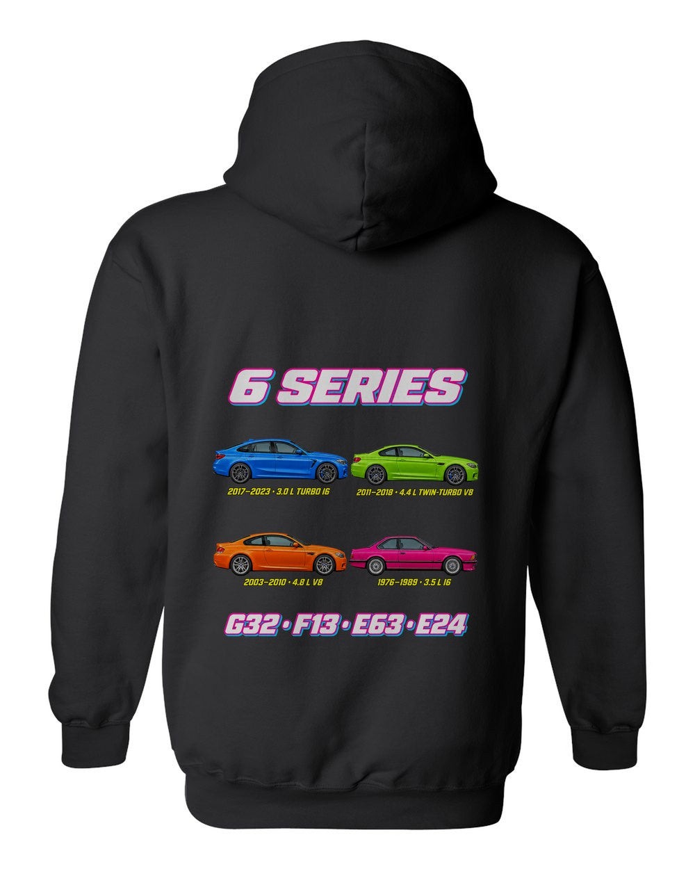 BMW 6 Series evolution poster black pull over hoodie back view with the design
