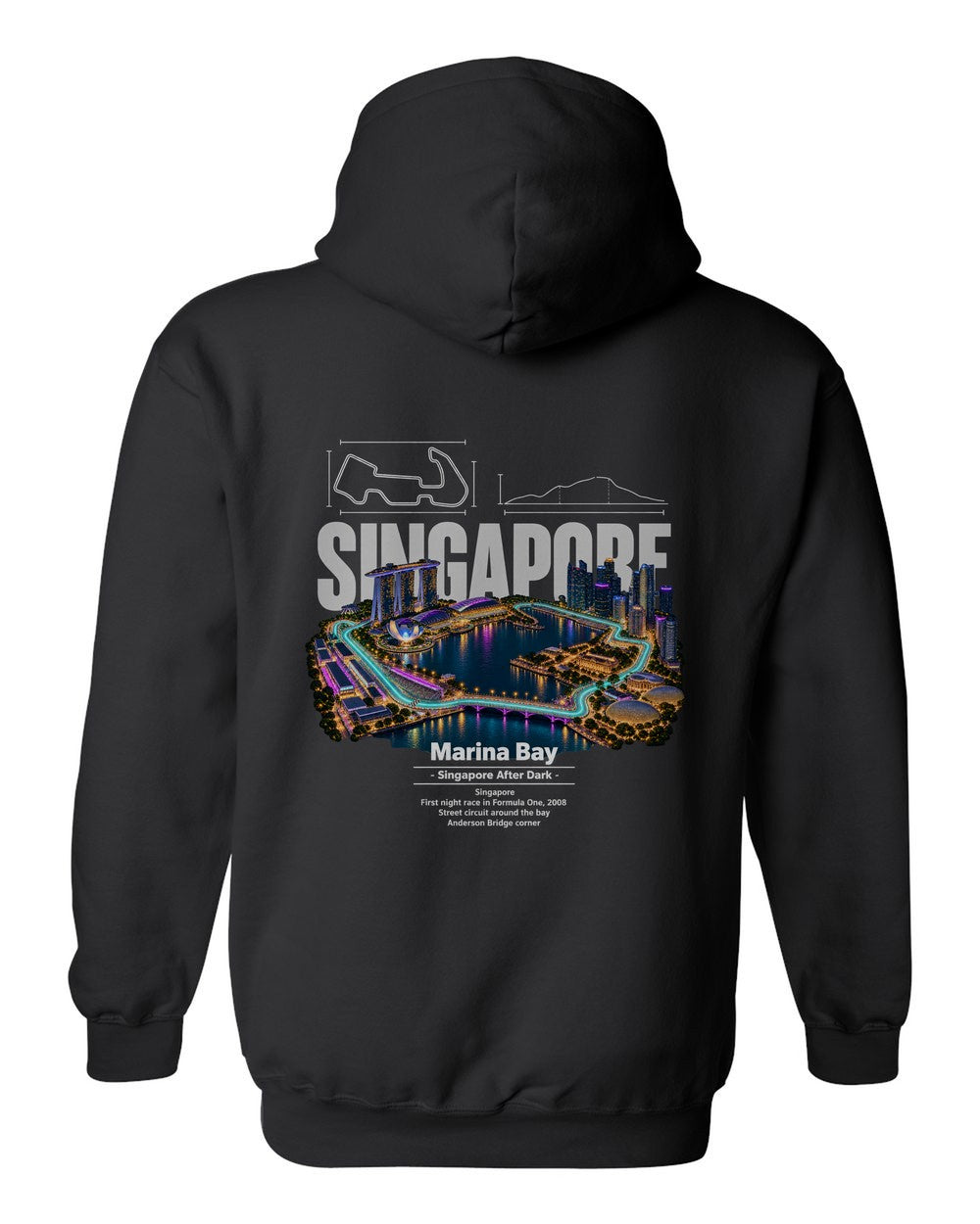 Marina Bay black pull over hoodie back view with the design
