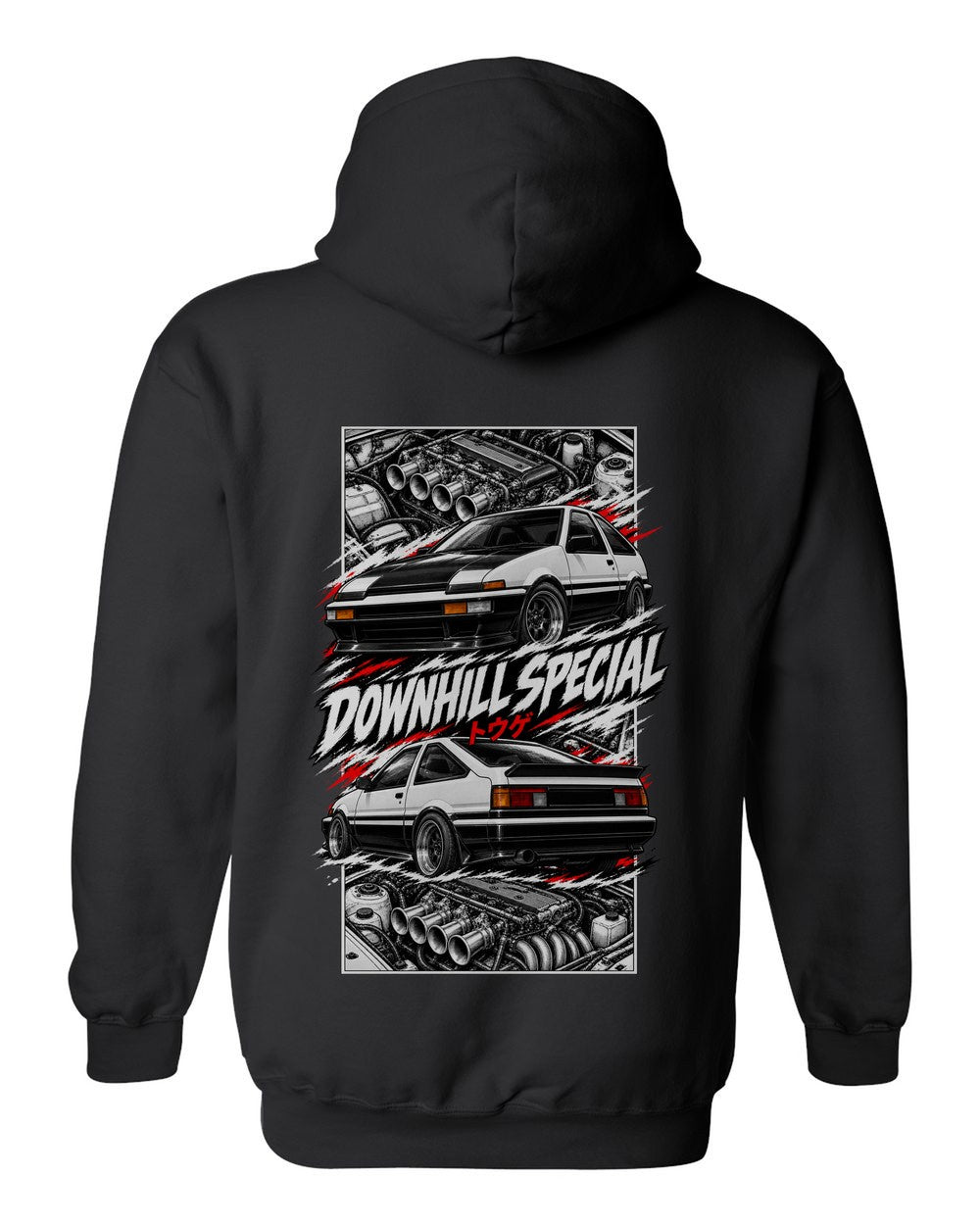 Toyota Ae86 torn poster black pull over hoodie back view with the design