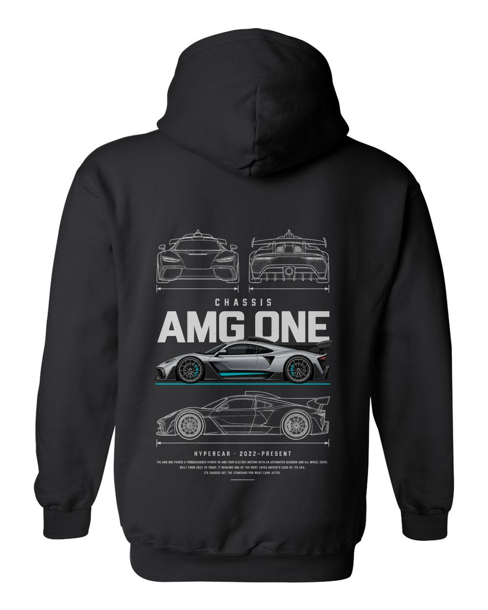 AMG ONE full-back artwork black pull over hoodie back view with the design