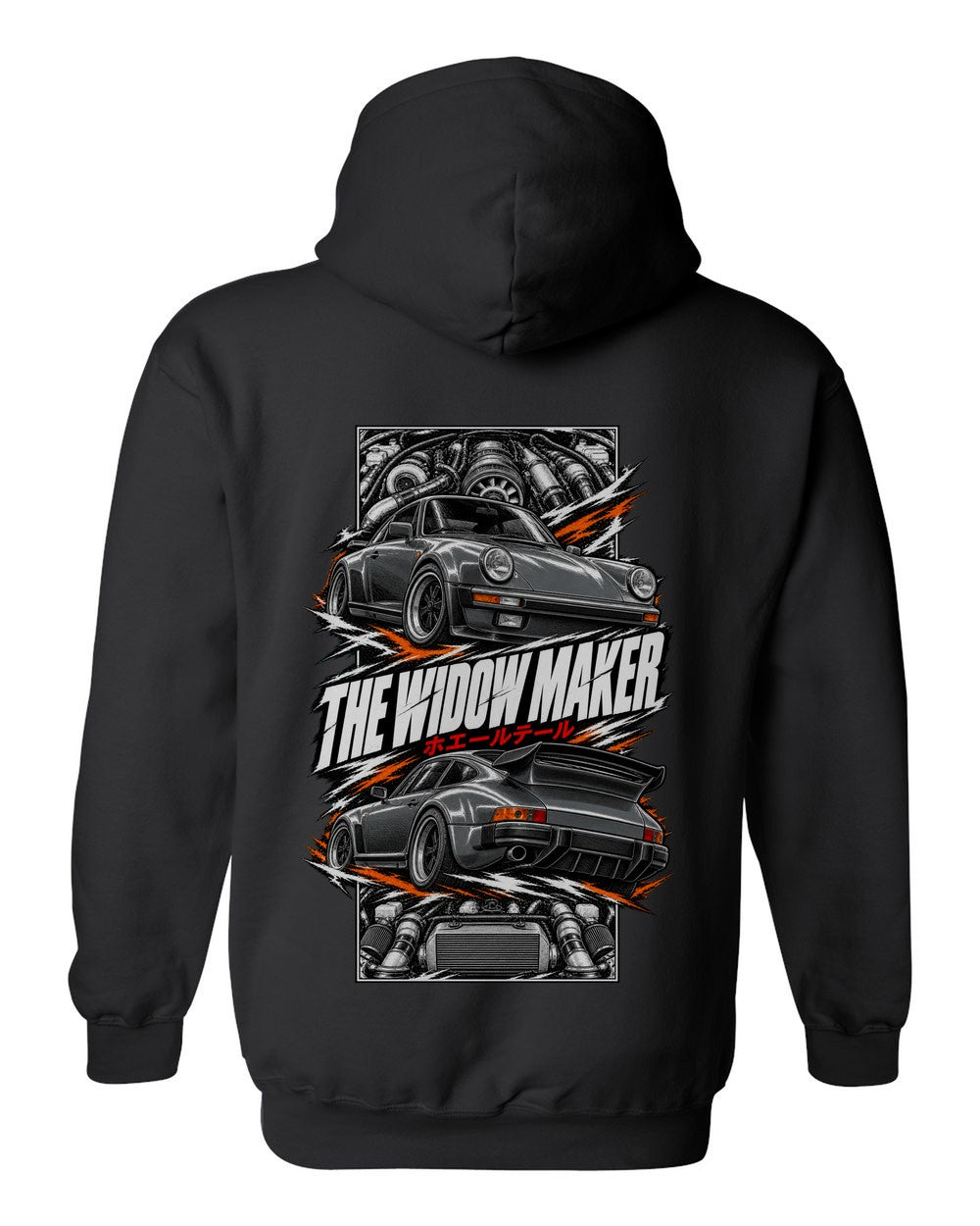 Porsche 930 Turbo torn poster black pull over hoodie back view with the design