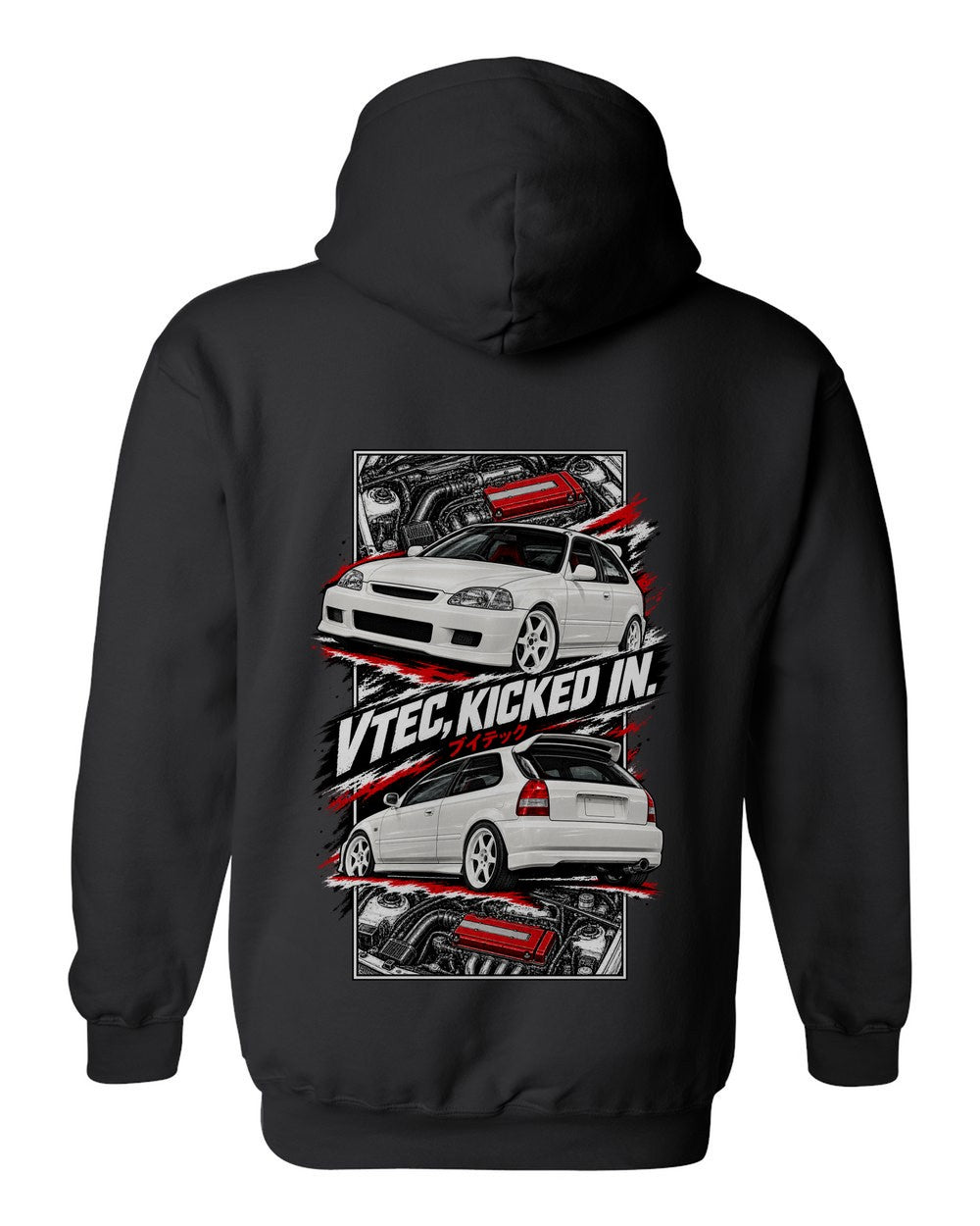 Honda Civic Ek9 torn poster black pull over hoodie back view with the design