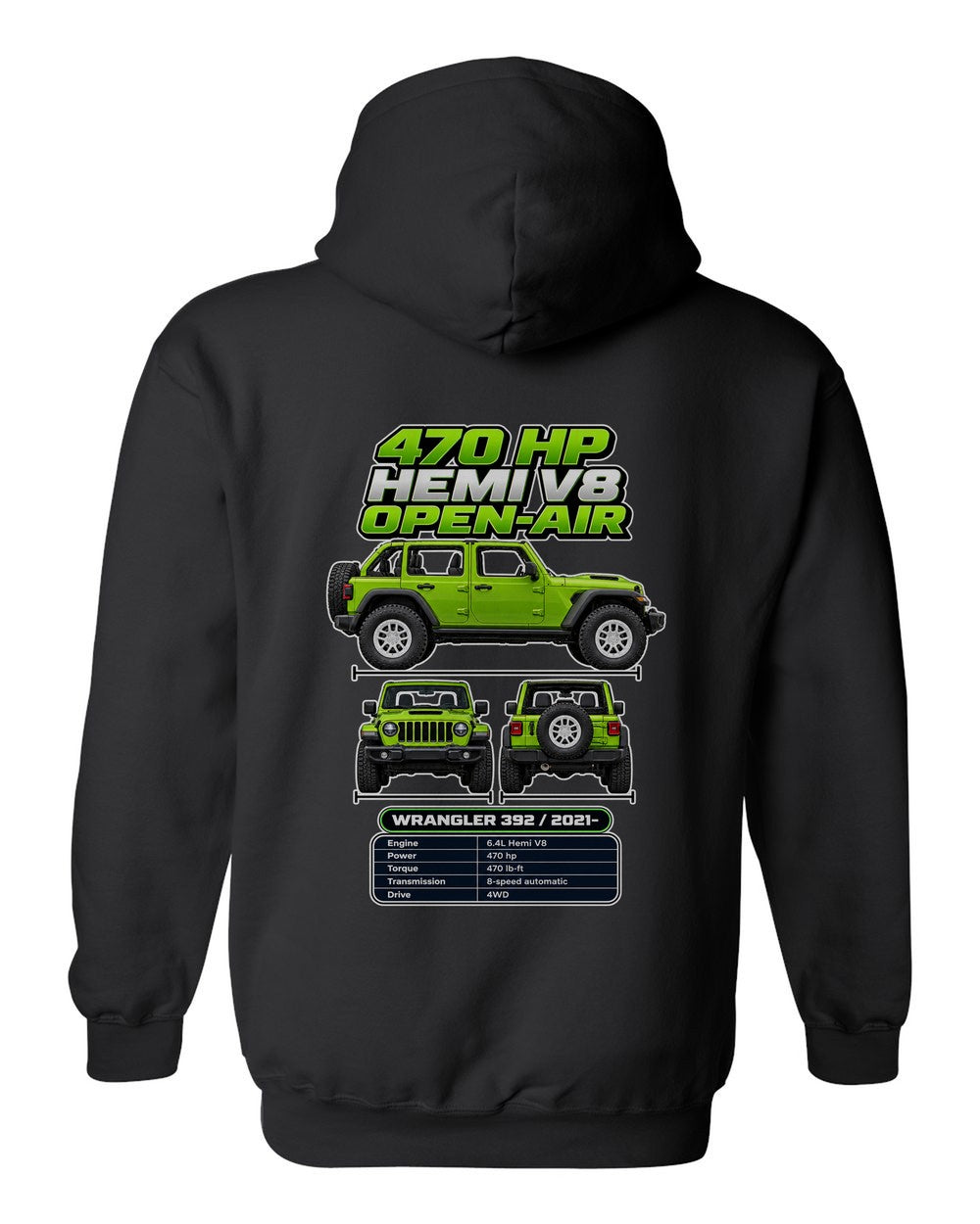 Jeep Wrangler 392 spec sheet black pull over hoodie back view with the design