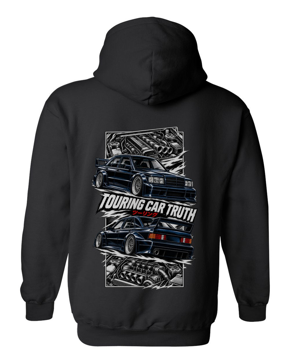 Mercedes 190E Evo Ii torn poster black pull over hoodie back view with the design