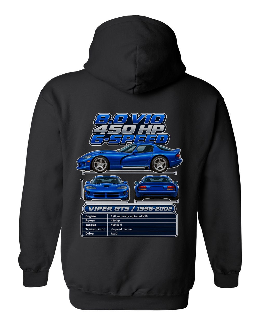 Dodge Viper Gts spec sheet black pull over hoodie back view with the design