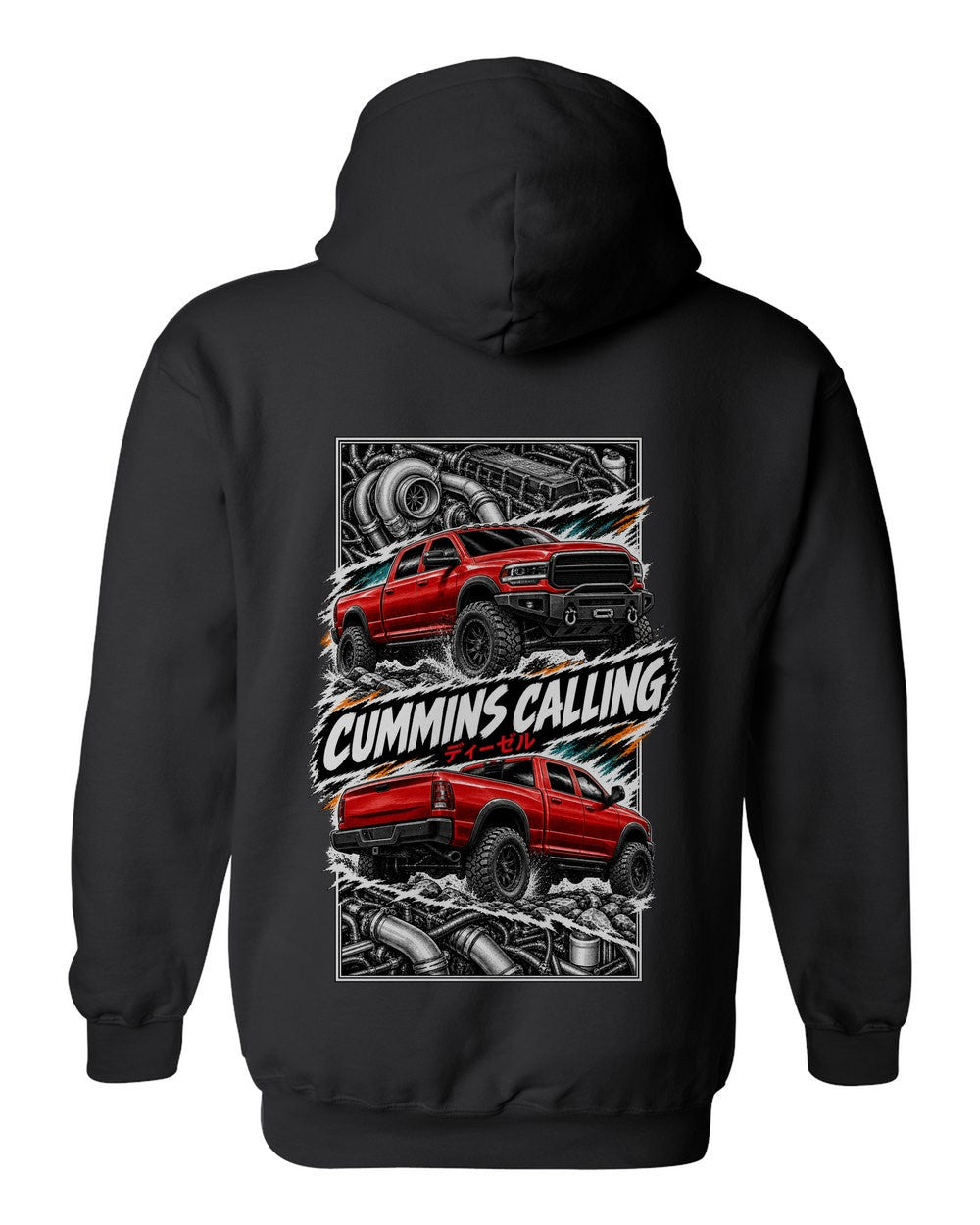 RAM Cummins torn poster black pull over hoodie back view with the design