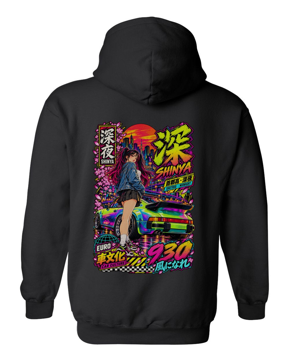 SHINYA 930 full-back artwork black pull over hoodie back view with the design