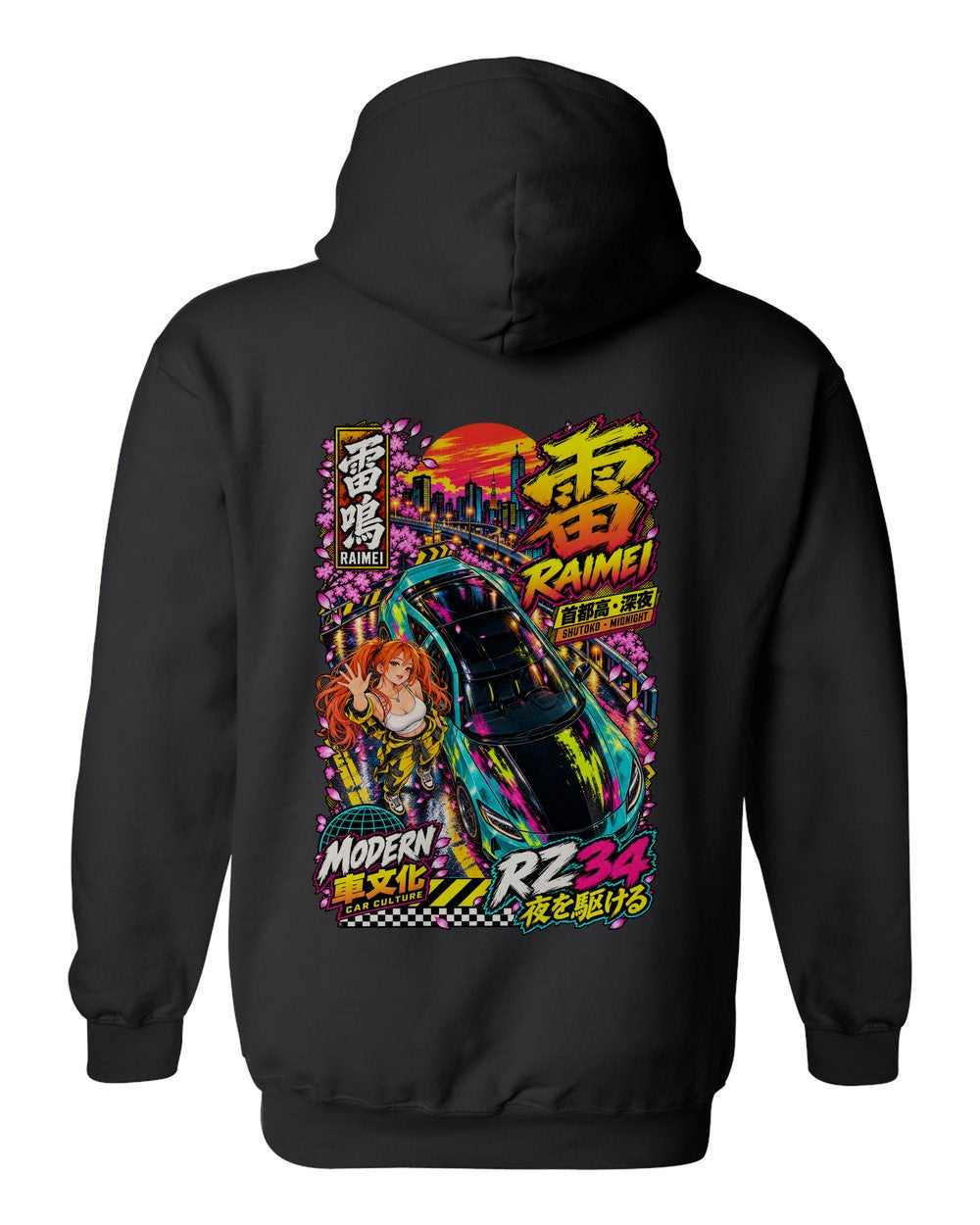 RAIMEI RZ34 full-back artwork black pull over hoodie back view with the design