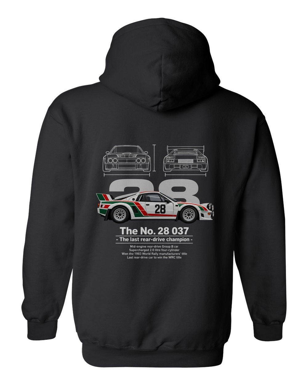 No. 28 037 black pull over hoodie back view with the design
