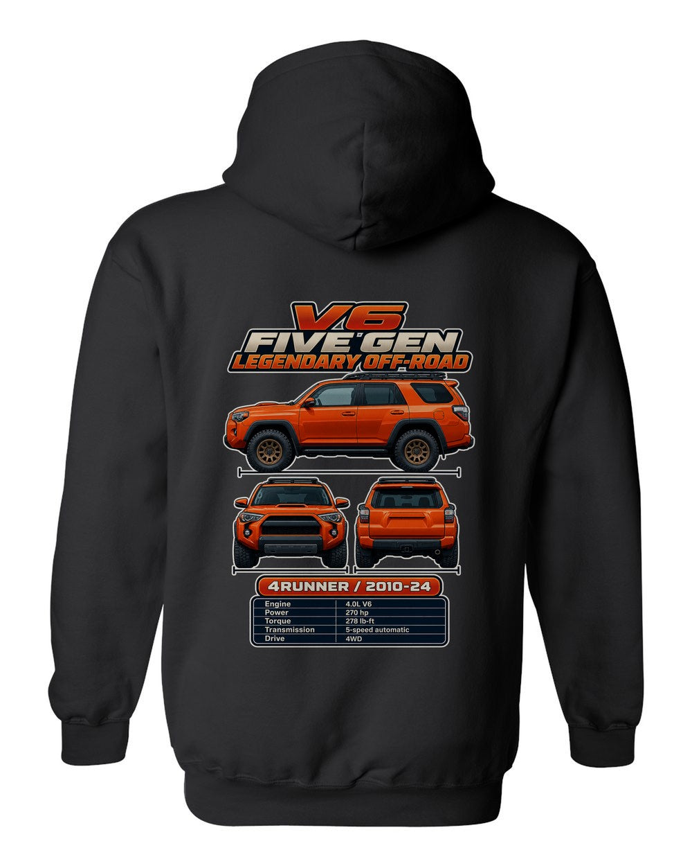 Toyota 4Runner TRD spec sheet black pull over hoodie back view with the design